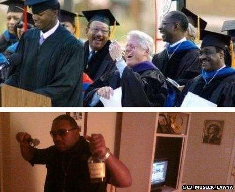 A picture of a black man making a graduation speech, and another dressed up as Kanye West