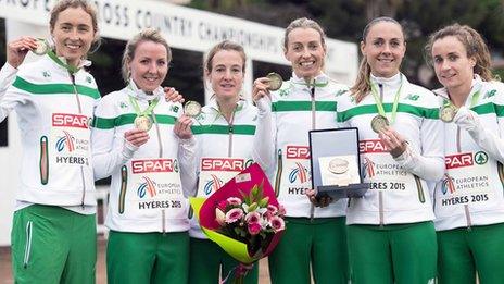 Ireland women's team celebrate with their bronze medals in France