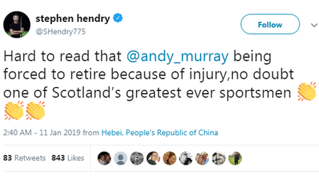 Stephen Hendry tweets on Andy Murray