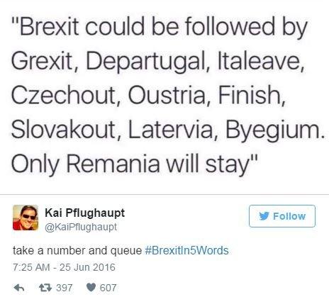 A Tweet with an image reading "Brexit could be followed by Grexit, Departugal, Italeave, Czechout, Oustria, Finish, Slovakout, Ltervia, Byegium. Only Remainia will stay" followed by the words Take a number and cue.