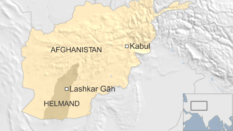 A map of Afghanistan showing Lashkar Gah in Helmund Province, in relation to the capital, Kabul