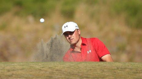 Jordan Spieth hits a bunker shot