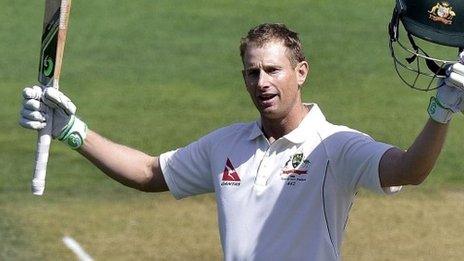 Adam Voges celebrates scoring a century for Australia against New Zealand