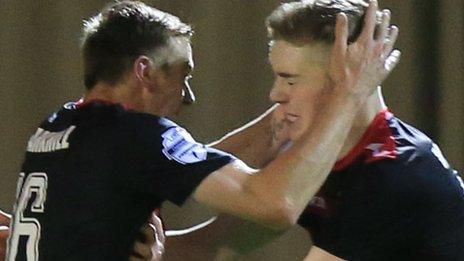 Coleraine celebrate after scoring at Ballinamallard