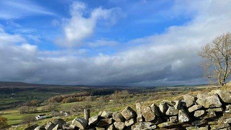 Blue skies with white clouds over Cumbrian fields with a stone wall in the foreground