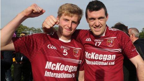 Cushendall goalscorers Eoghan Campbell and Donal McNaughton celebrate after the game at Dunloy