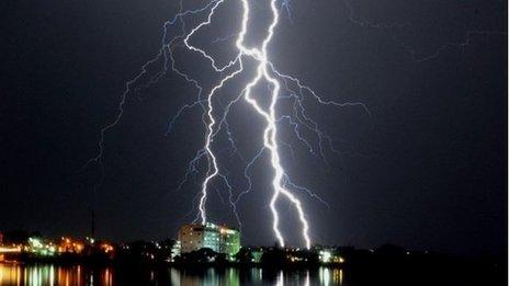 Streaks of lightning lighting up the sky during rainy weather in Bhopal, India, 12 March 2016