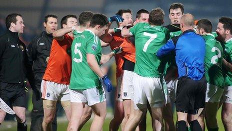 The Armagh and Fermanagh teams confronted each other during a heated Division Two league match at the Athletic Grounds