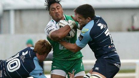 Blues pair Ellis Jenkins and Rhys Patchell tackle Connacht's Bundee Aki