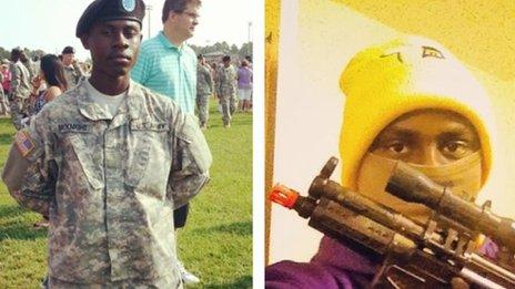 Two pictures of the same person, one in a smart army uniform, another pretending to be a gangster holding a toy gun.