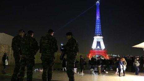 Eiffel tower lit up in red, white and blue