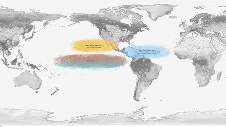 Typical influence of El Niño on Pacific and Atlantic seasonal hurricane activity. Map by NOAA Climate.gov, based on originals by Gerry Bell