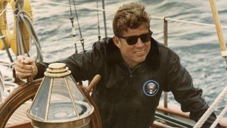 John F Kennedy on the US Coast Guard yacht Manitou off the coast of Maine on 12 August 1962