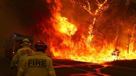 Firefighters facing a wildfire