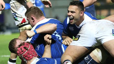 Leinster centre Ben Te'o celebrates Sean Cronin's try before half time against Ulster