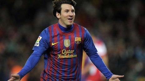 Barcelona's Lionel Messi celebrates after breaking the record