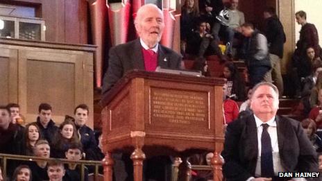 Tony Benn giving a speech to 2,000 sixth formers at a UK conference a few months ago