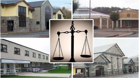 Clockwise from top: Brecon Law Courts, Neath and Port Talbot Court, Dolgellau Magistrates' Court and Bridgend Law Courts