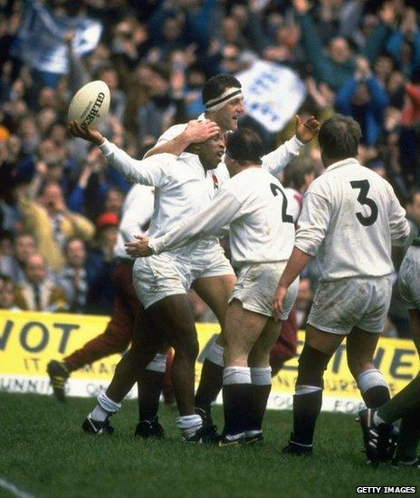 Chris Oti (centre left) celebrates with Wade Dooley, Brian Moore and Jeff Probyn, during the Five Nations Championship match against Ireland at Twickenham in 1988