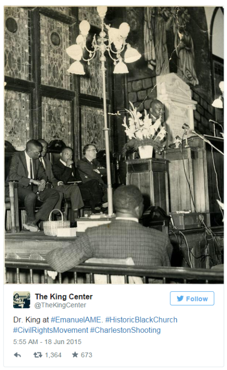 Tweet by The King Center, showing Martin Luther King at the Emanuel AME Church in Charleston, South Carolina - 13 April 1962