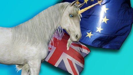 Unicorn in front of Brexit flags