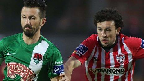 Liam Miller of Cork City in action against Barry McNamee of Derry City