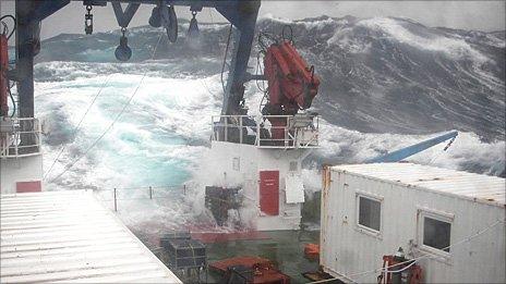 Giant waves rolling across the deck of RRS Discovery (Image: Sebastian Steigenberger)