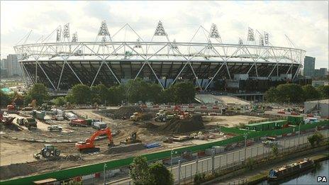 General view of the ongoing construction work at the Olympic Stadium