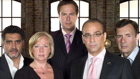 James Caan, Deborah Meaden, Peter Jones, Theo Paphitis and Duncan Bannatyne in the Dragons' Den