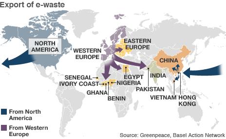 Map showing e-waste exports