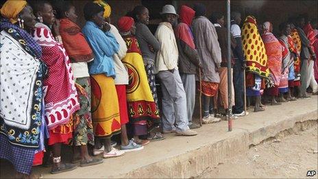 Kenyans line up to vote at a polling station in Ngong