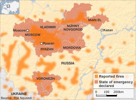 Map showing location of fires