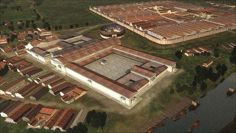 Reconstruction of Caerleon in the Roman period, showing the newly discovered monumental suburb (© 7reasons)'