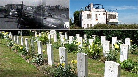 Hurricanes at Tangmere (BBC Archive); Tangmere control tower; RAF and German graves at Tangmere