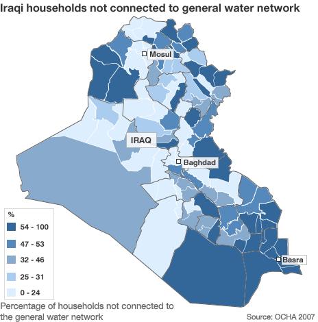 Map showing access to water supplies in regions of Iraq