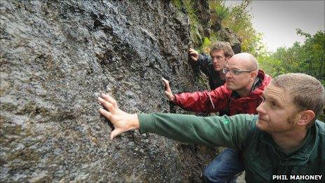 Andrew Hobbs of Forestry Commission Wales, Ben Evans of the British Institute for Geological Conservation and Gareth Owen of the Countryside Council for Wales at the coal seam in Wern Ddu woodlands. Photo: Phil Mahoney