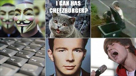 Clockwise: Anonymous anti-Scientology protest; lolcat; Mary Bale dumping kitten Lola in a bin; Justin Bieber; Rick Astley; keyboard