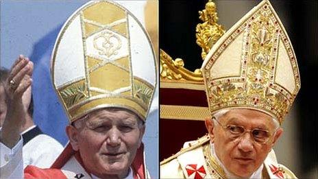 Composite image of Pope John Paul II in 1982 (left) and Benedict XVI in 2010