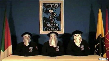 A frame grab taken from footage shows members of Basque separatists Eta declaring a ceasefire