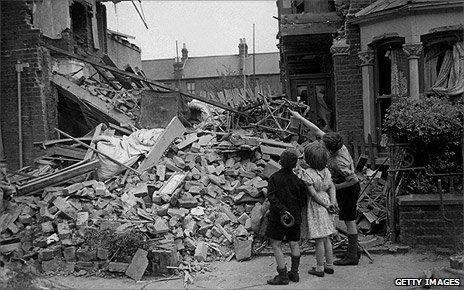 Children examine wreckage in east London