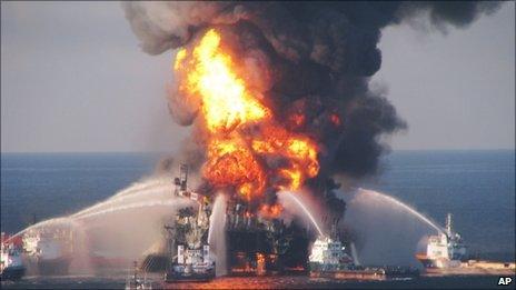 A fire at the offshore oil rig Deepwater Horizon in the Gulf of Mexico on 22 April, 2010