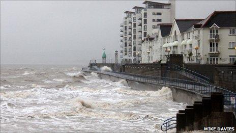 The high tide in Swansea on Friday morning Photo: Mike Davies