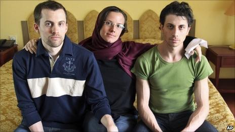 Shane Bauer, left, Sarah Shourd, centre, and Josh Fattal, sit at the Esteghlal Hotel in Tehran (20 May 2010)