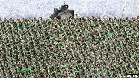 Mexican troops take part in bicentennial celebrations marking the Mexican War of Independence in Mexico City on 13 September 2010.