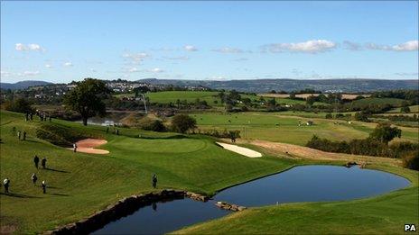 View of the 18th hole at the Celtic Manor resort