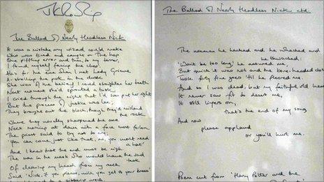 The two framed pages, signed by the author, were originally written as part of Harry Potter and the Chamber of Secrets