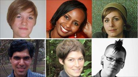 The six writers shortlisted for the 2010 Dylan Thomas Prize - from top left Caroline Bird; Nadifa Mohamed; Eleanor Catton; Karan Mahajan; Elyse Fenton; Emilie Mackie