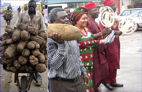 Nigerian yam trader (left - AFP), Yam festival (right - BBC)