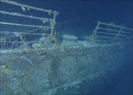 The Titantic's bow railing filmed by remote control cameras