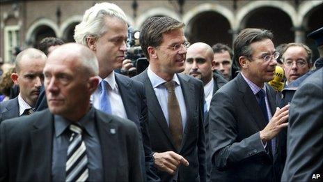 Dutch party leaders enter coalition talks in The Hague, 28 September